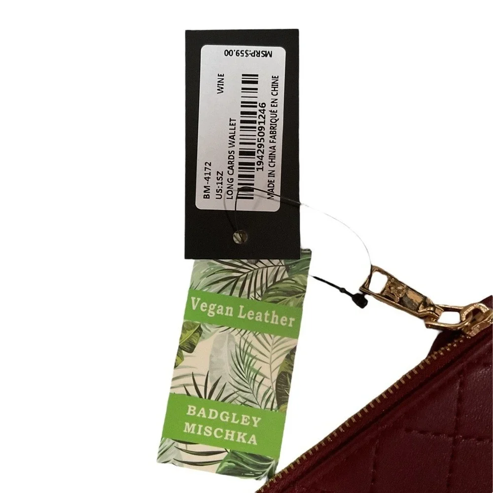Badgley Mischka Quilted Vegan Leather Stylish Elegant Wine Long Cards Wallet NWT